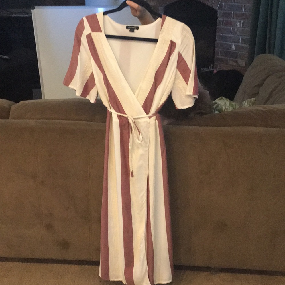 Cream and burgundy wrap dress